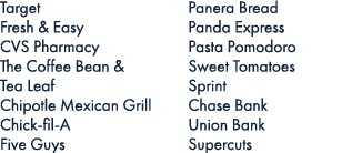 Target Fresh & Easy CVS Pharmacy The Coffee Bean & Tea Leaf Chipotle Mexican Grill Chick fil A Five Guys Panera Bread...